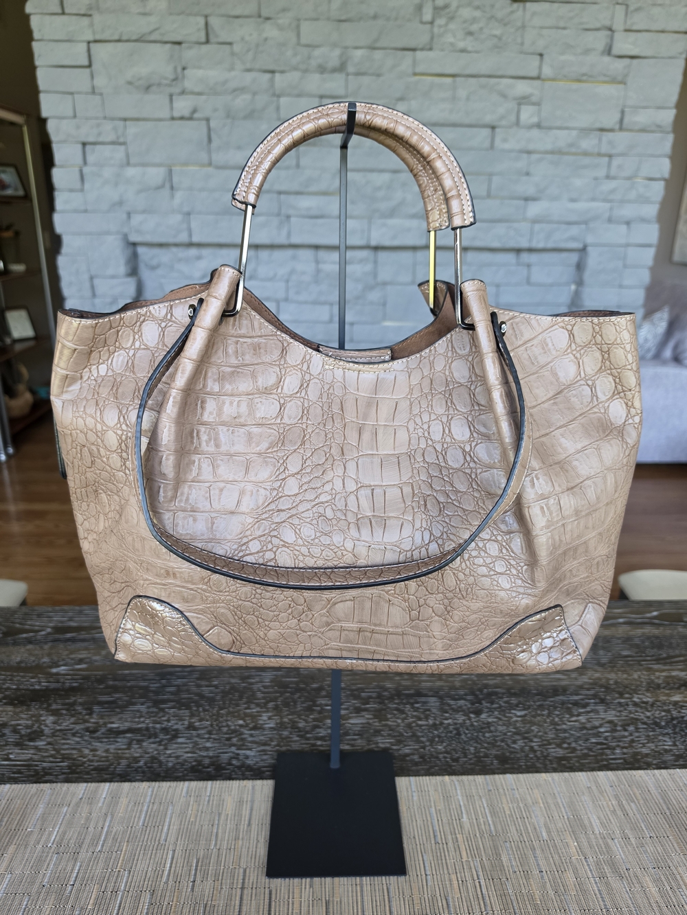 Sondra Roberts Squared Light Mocha Croc-Embossed Leather Tote Bag